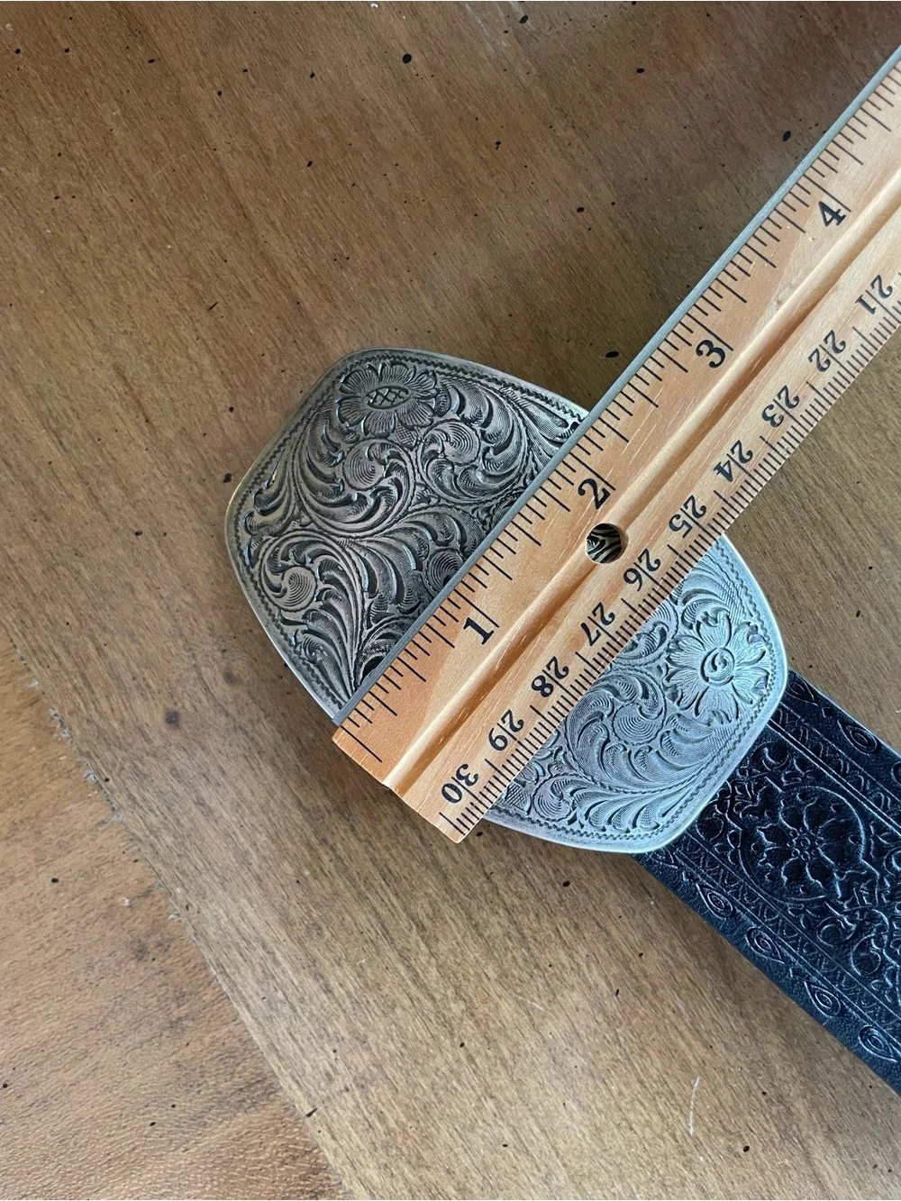Vintage 90’s Black Leather Belt with Engraved Silver Buckle size 36”